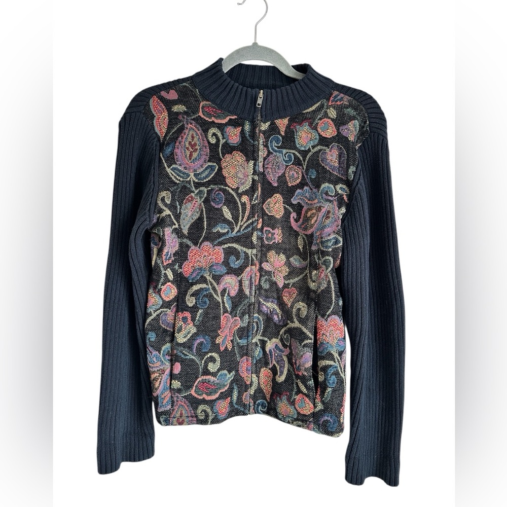 Vintage Christopher & Banks Brocade Floral Navy/Black Ribbed Zip Cardigan Sz Med